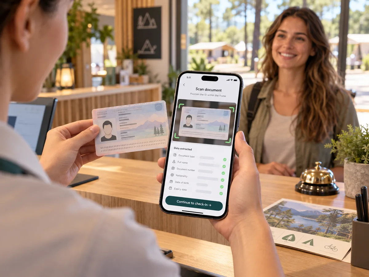 Recepción escaneando el documento de identidad de una huésped con la app móvil de Hospalia (escena ilustrativa)