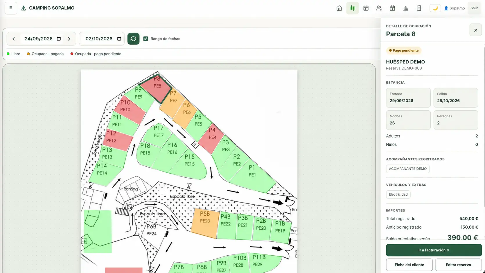 Mapa de Camping Sopalmo con panel lateral y datos de ejemplo